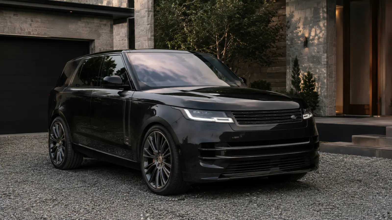 АВТО 1002933 чёрный Range Rover SV крупно у премиальной каменной резиденции