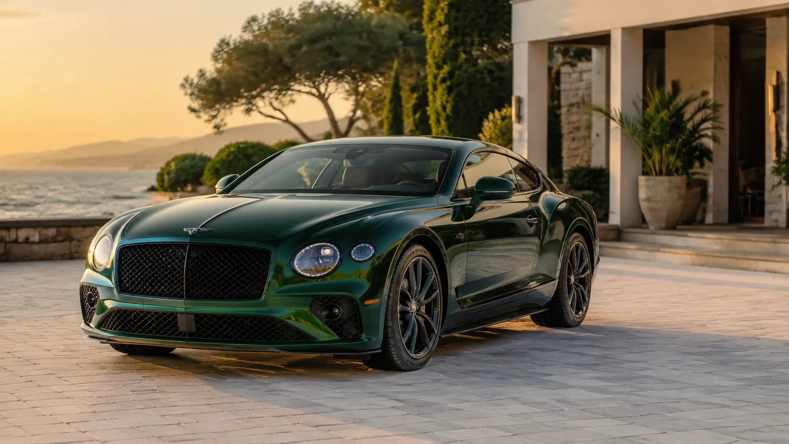 АВТО 1001727 зелёный Bentley Continental GT у моря