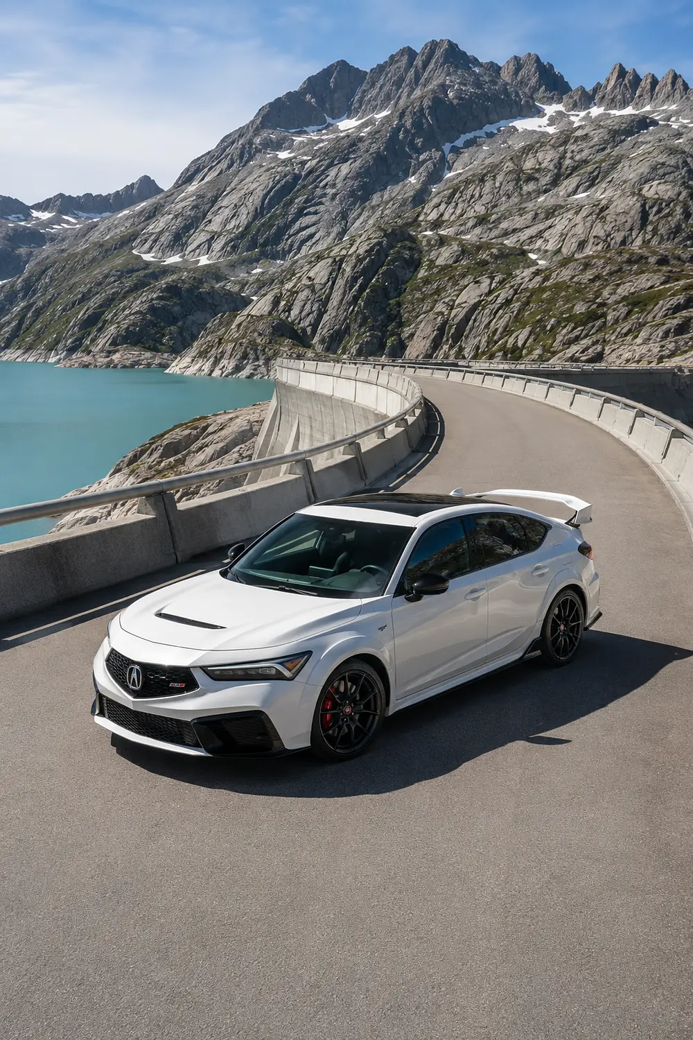 АВТО 1003705 белый Acura Integra Type S на дороге по горной плотине