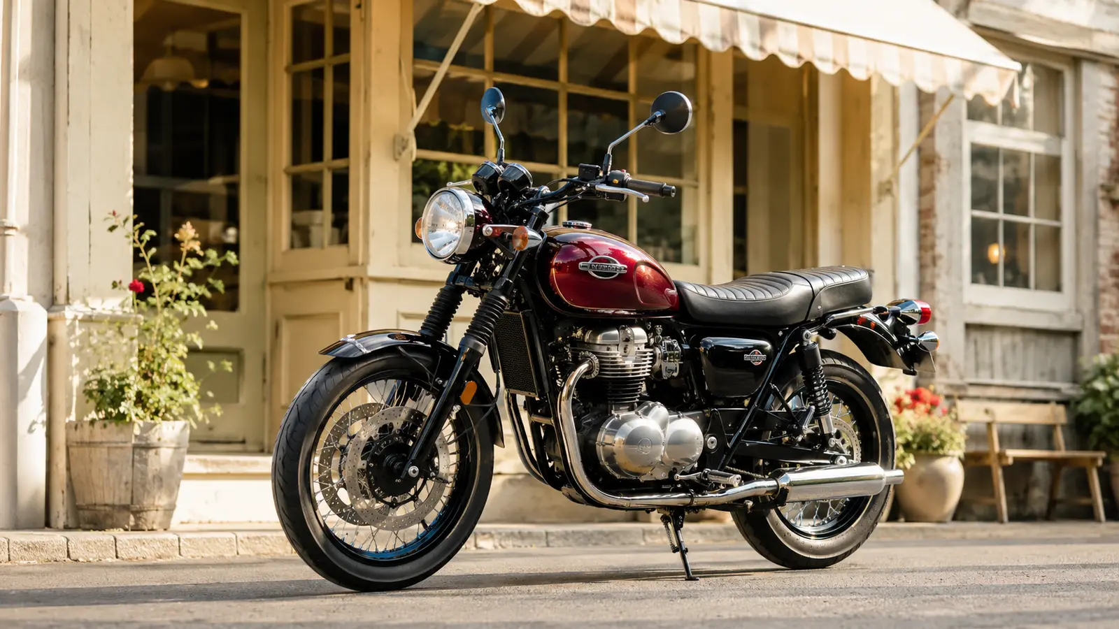 АВТО 1000258 тёмно-красный Kawasaki W800 у придорожного кафе