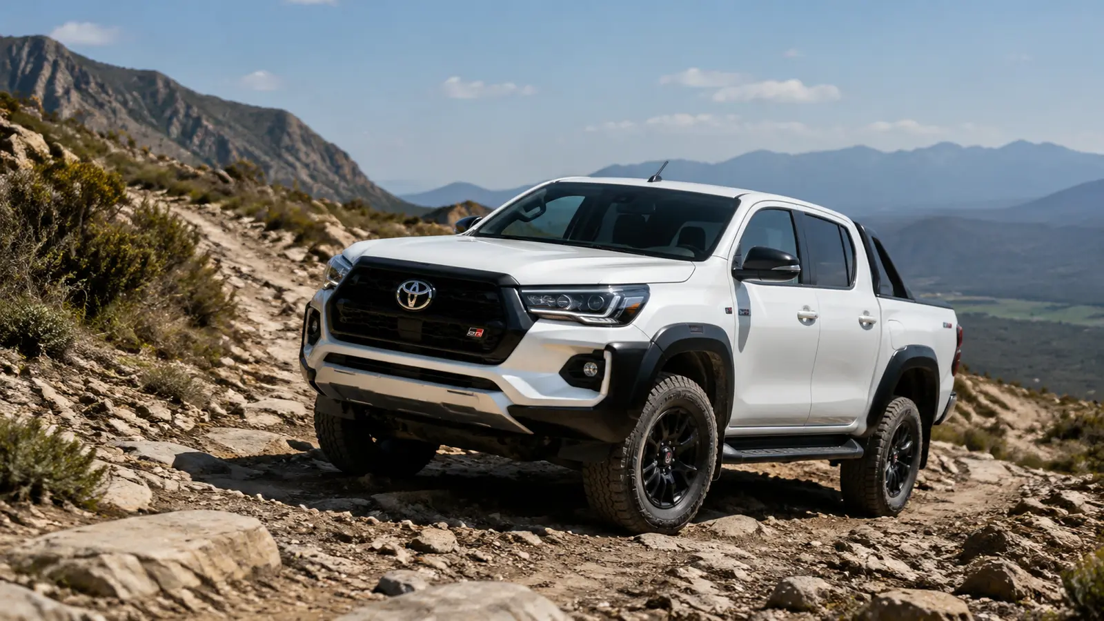 АВТО 1000913 белый Toyota Hilux на каменистой дороге