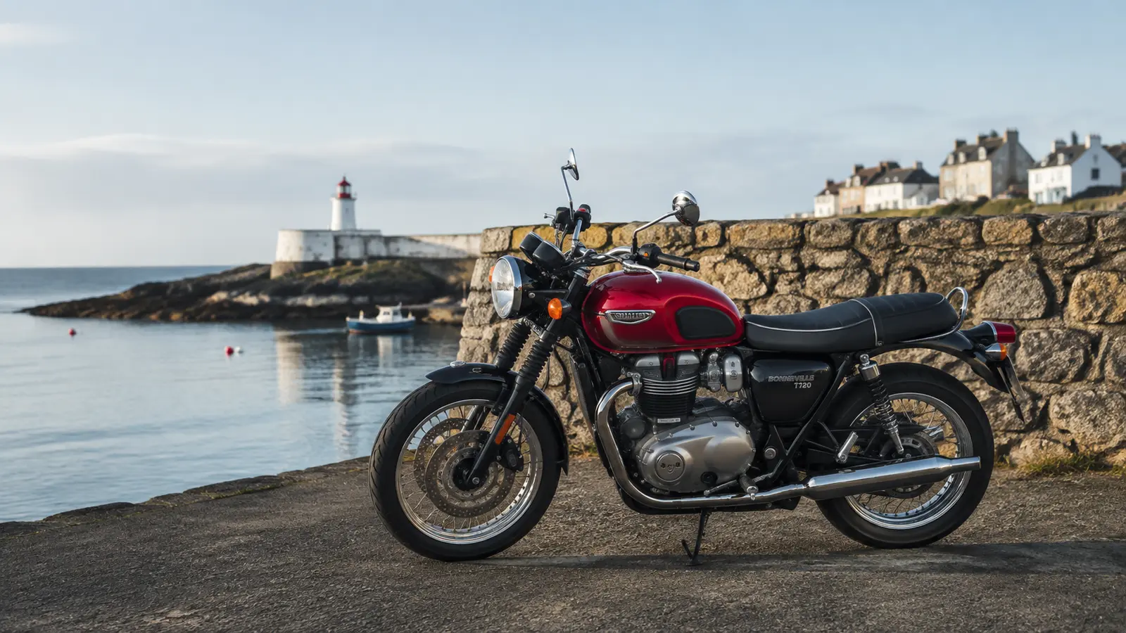 АВТО 1001490 Красный Triumph Bonneville у морской стены