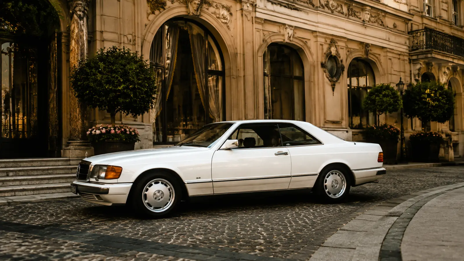АВТО 1000893 белый Mercedes 560 SEC у казино 80-х