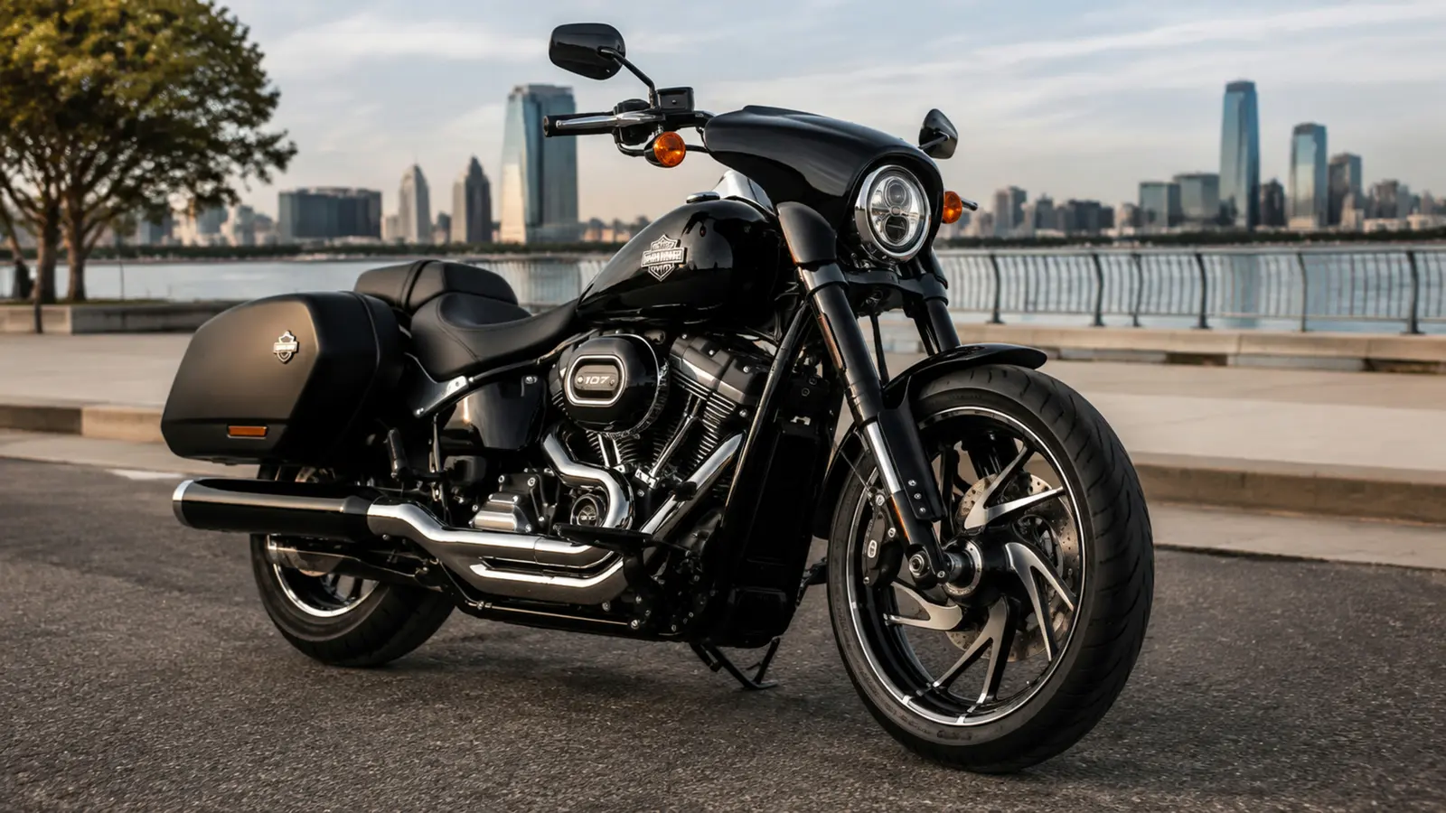 АВТО 1002935 чёрный Harley Davidson Sport Glide крупно у современной набережной