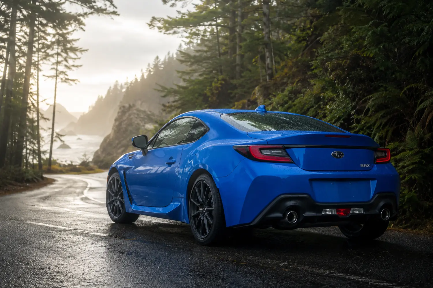 АВТО 1003785 синий Subaru BRZ на туманной лесной дороге