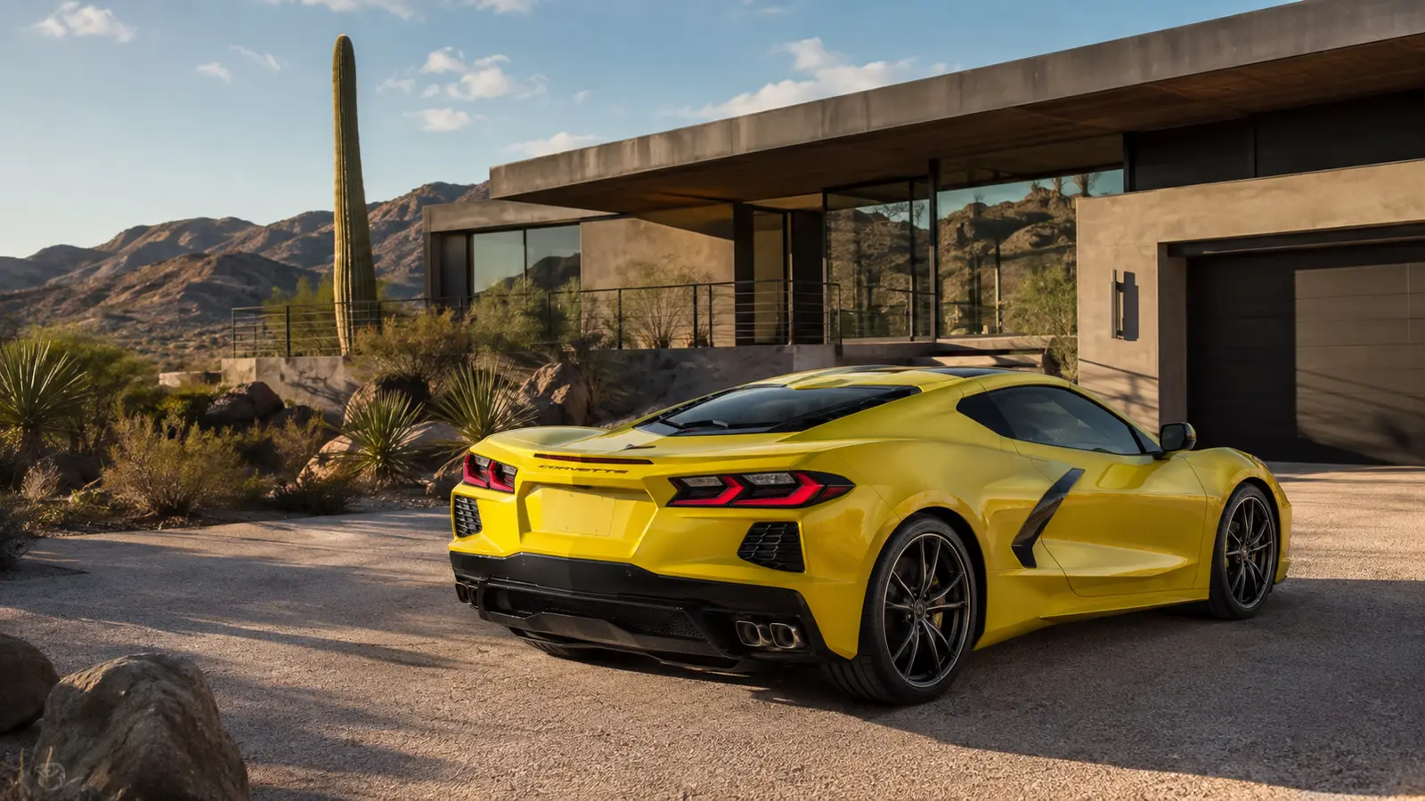 АВТО 1001358 Жёлтый Corvette C8 у аризонского дома
