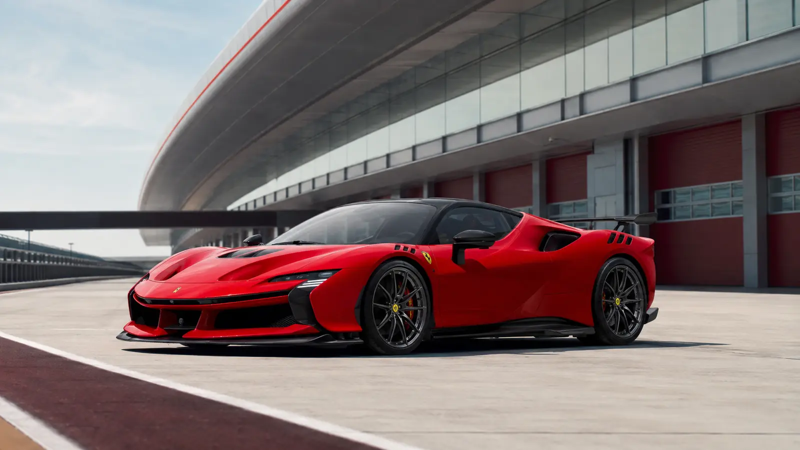 АВТО 1001132 красный Ferrari SF90 XX у гоночного комплекса
