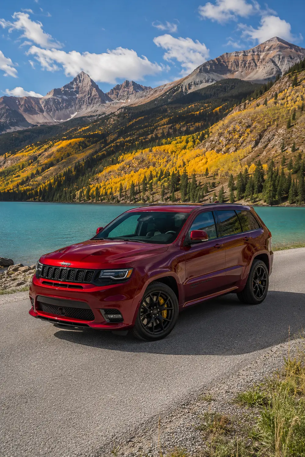 АВТО 1003709 красный Jeep Grand Cherokee Trackhawk у бирюзового озера