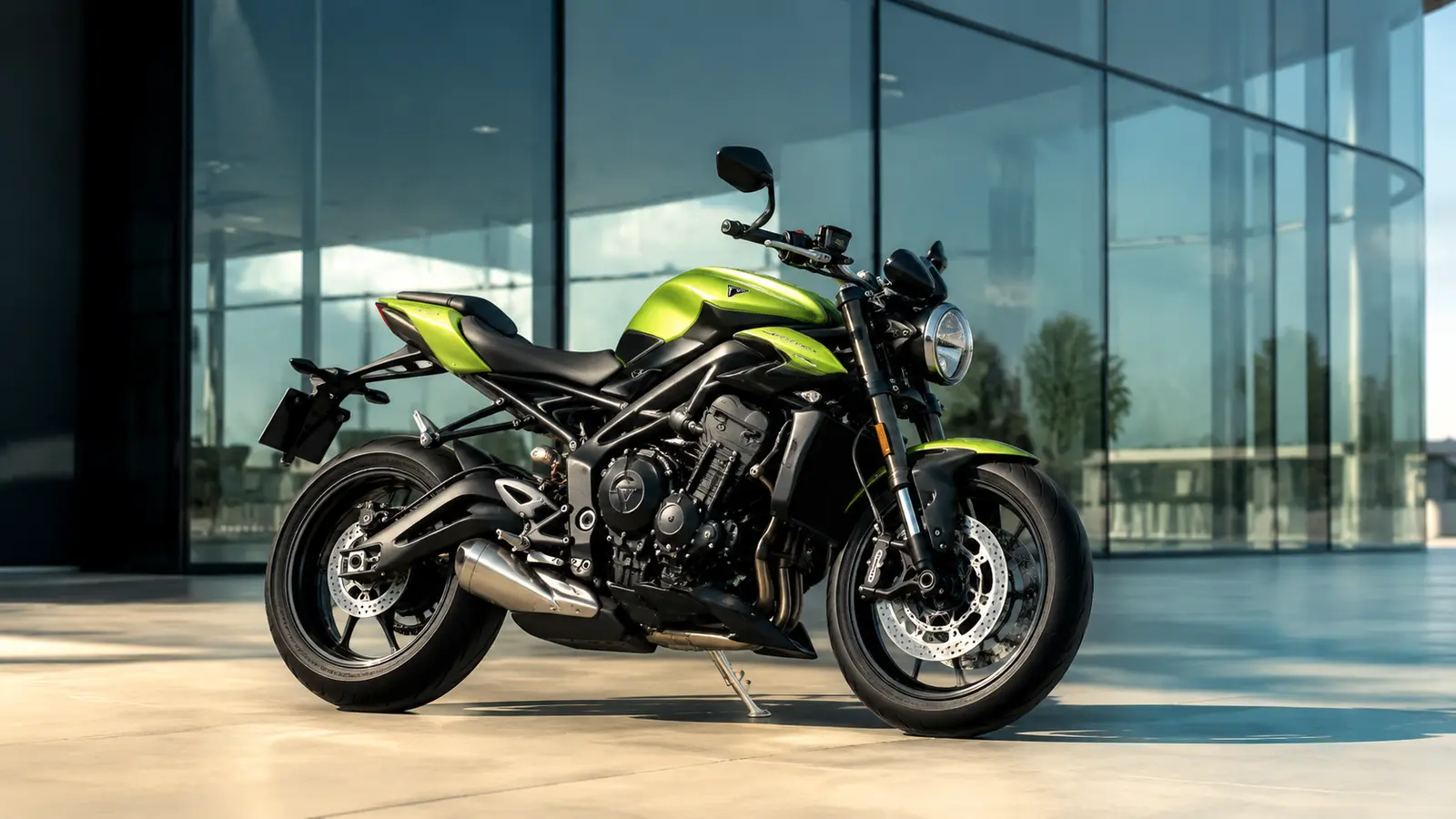 АВТО 1000990 зелёный Triumph Street Triple у стеклянного офиса
