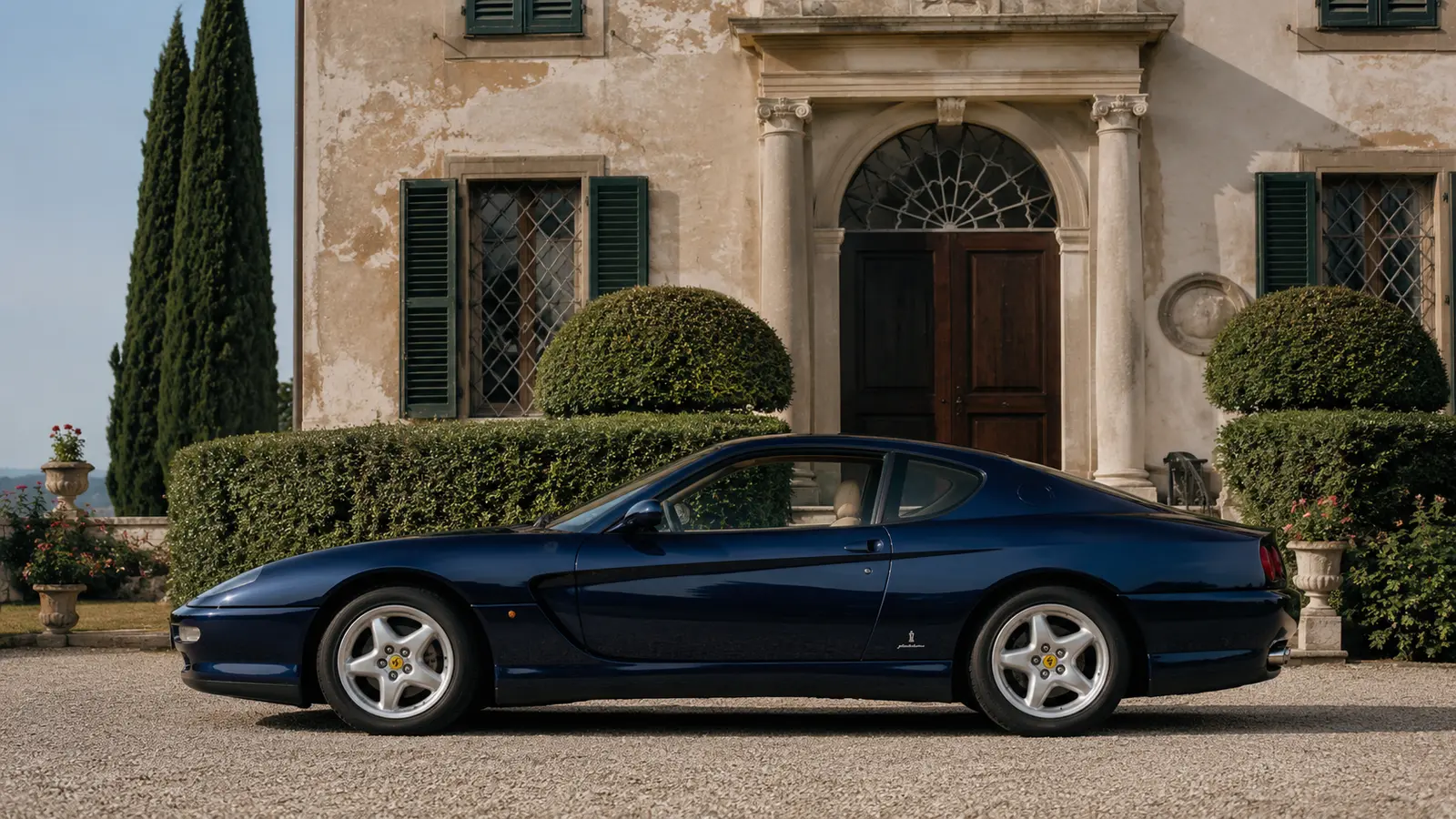 АВТО 1000869 синяя Ferrari 456 у итальянской виллы 90-х