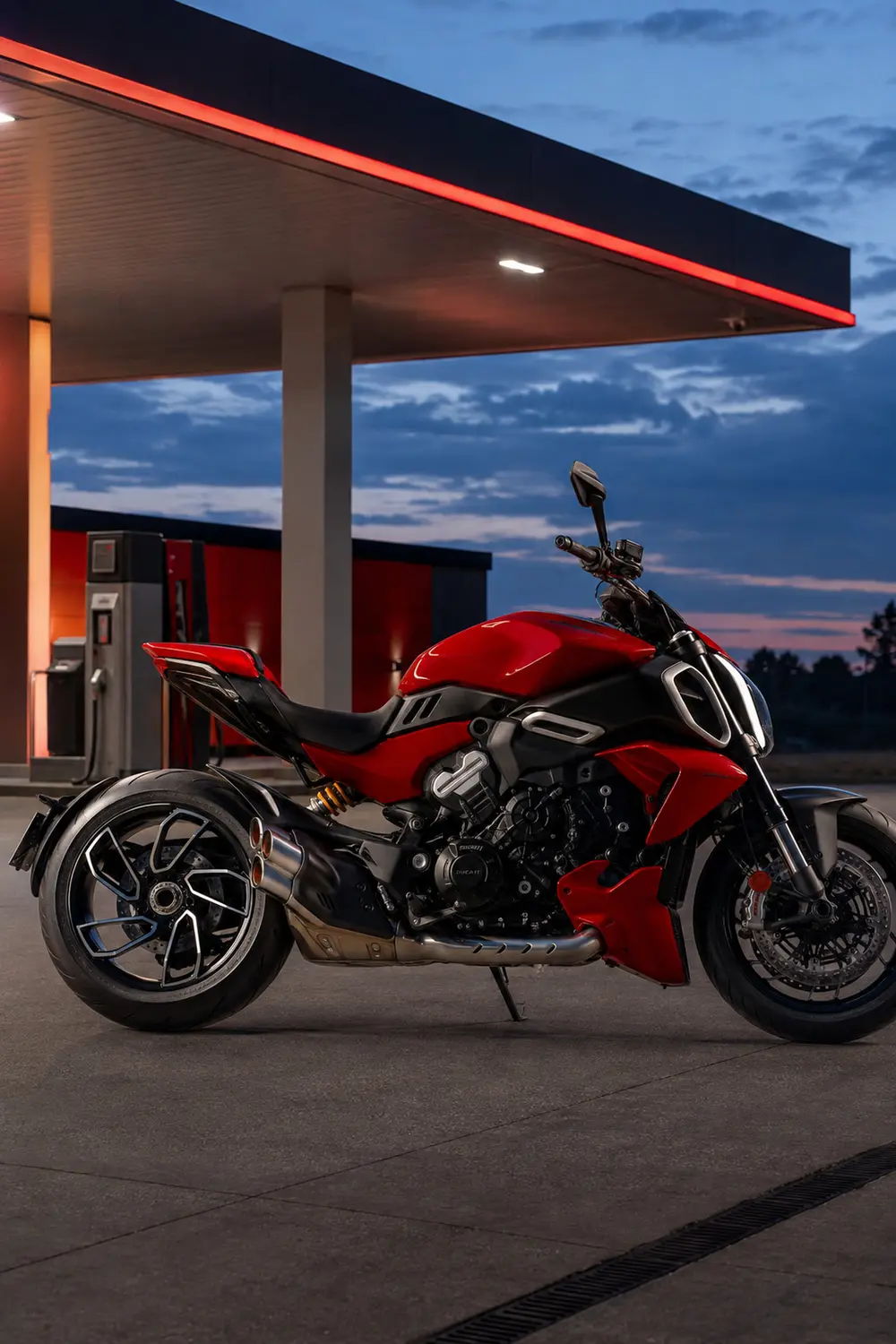 АВТО 1003851 красный Ducati Diavel V4 на минималистичной АЗС