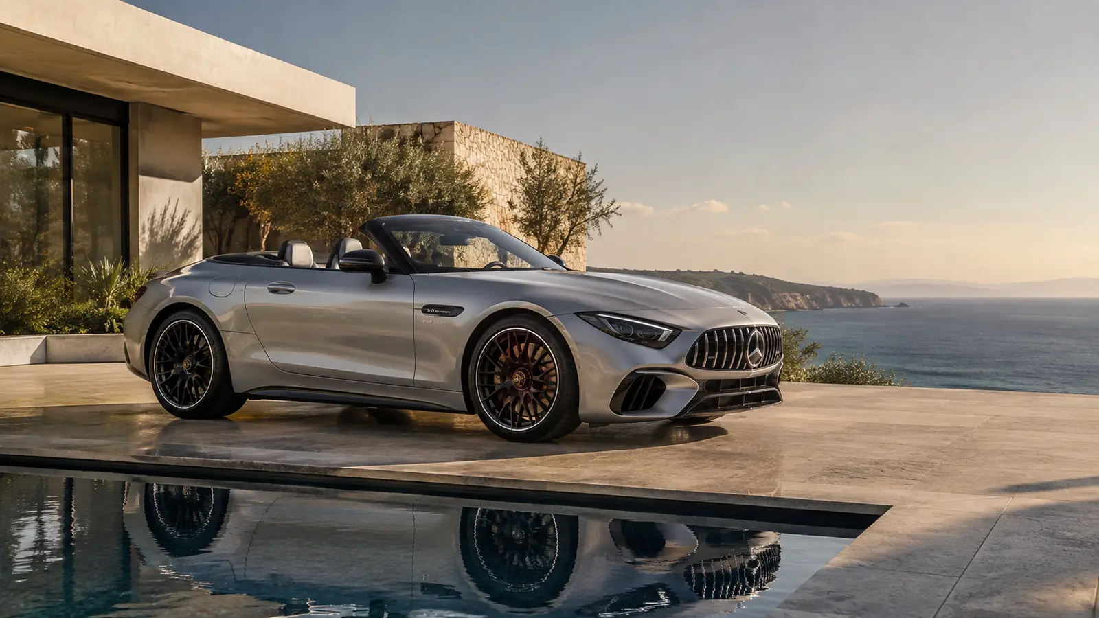 АВТО 1002038 серебристый Mercedes-AMG SL 63 у современной виллы