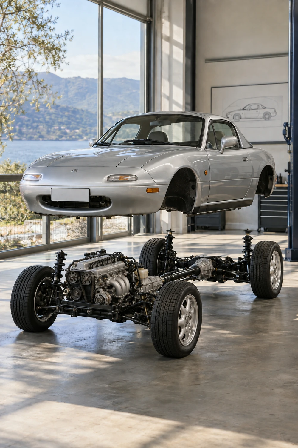 АВТО 1007392 Mazda MX5 NA серебристый кузов над механикой