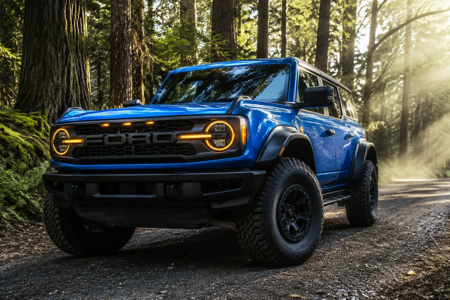 АВТО 1003834 прокаченный синий Ford Bronco Raptor в лесу
