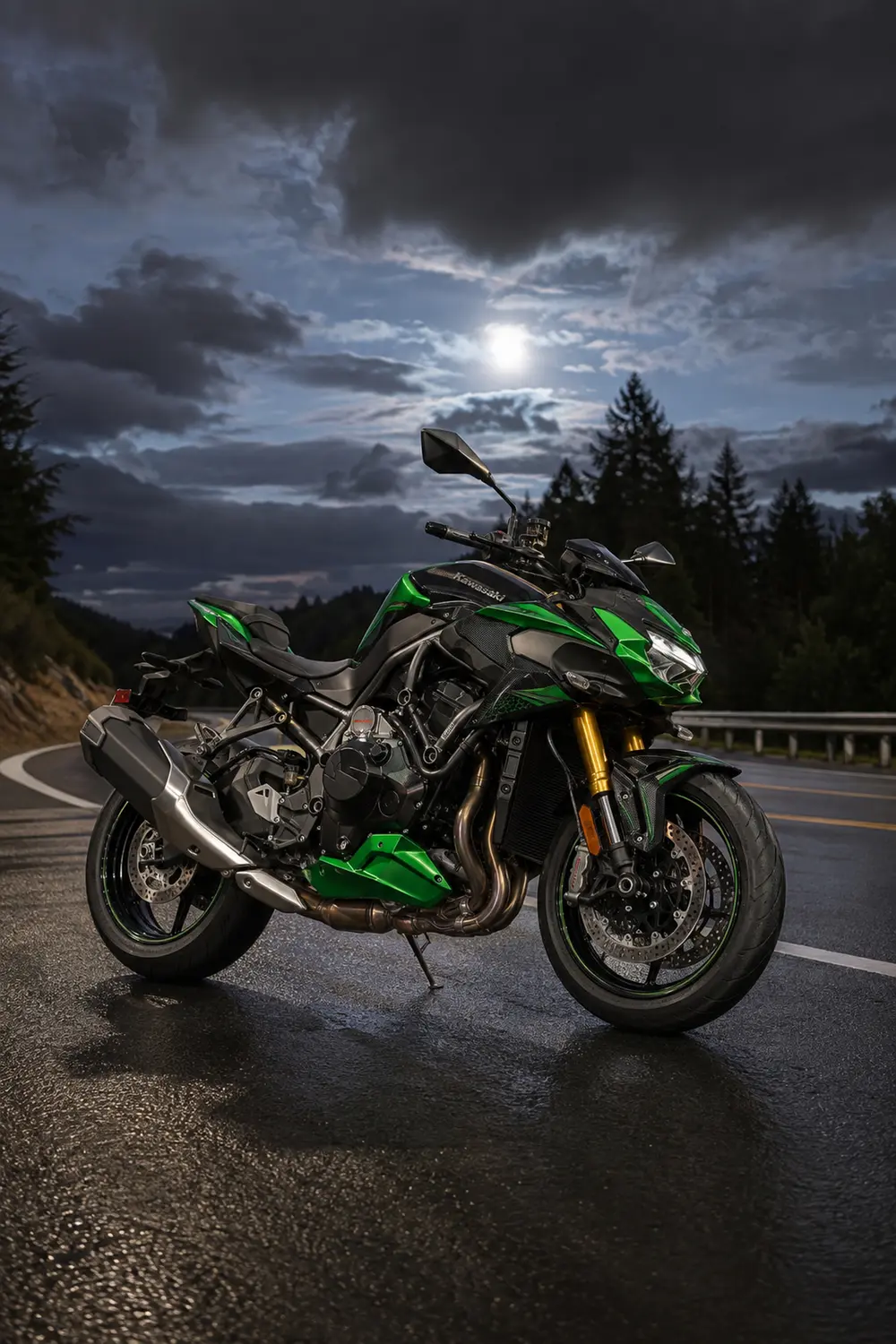 АВТО 1003855 зелёный Kawasaki Z H2 SE на мокрой трассе после дождя