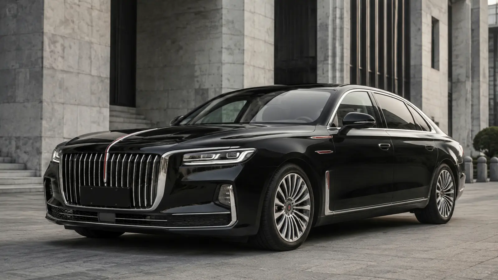 АВТО 1002832 чёрный Hongqi H9 крупно у строгой современной архитектуры