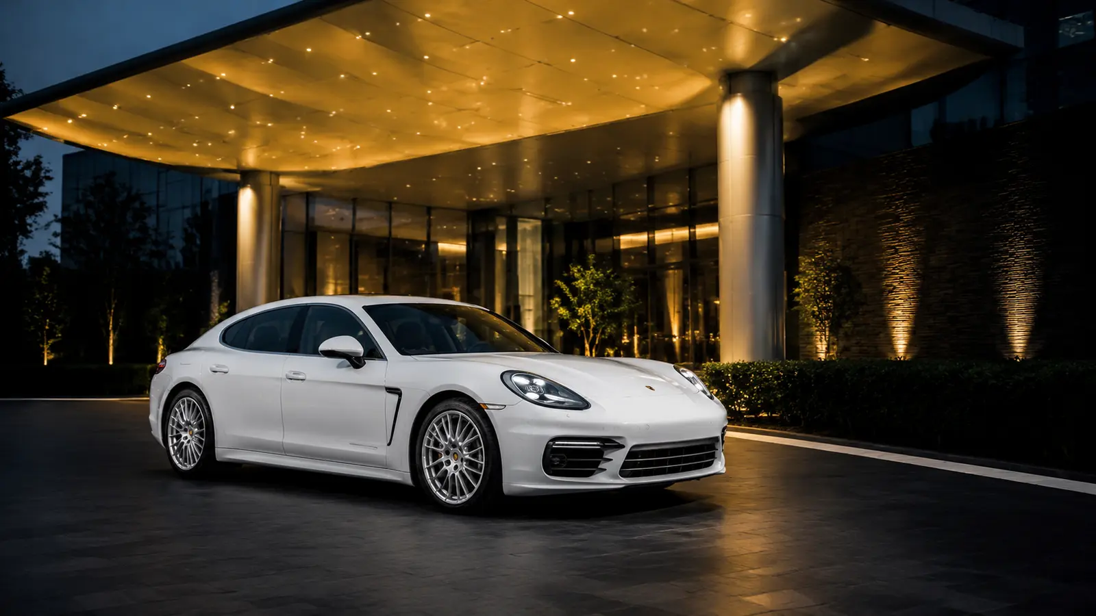 АВТО 1001848 белый Porsche Panamera под навесом отеля