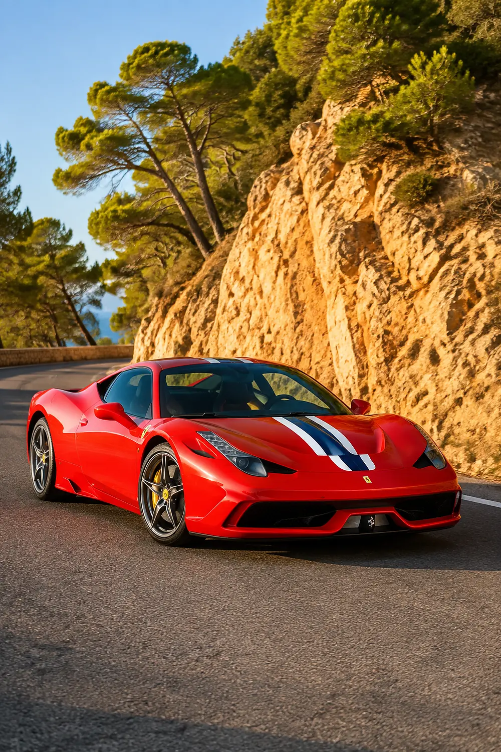 АВТО 1003643 красный Ferrari 458 Speciale у средиземноморских скал