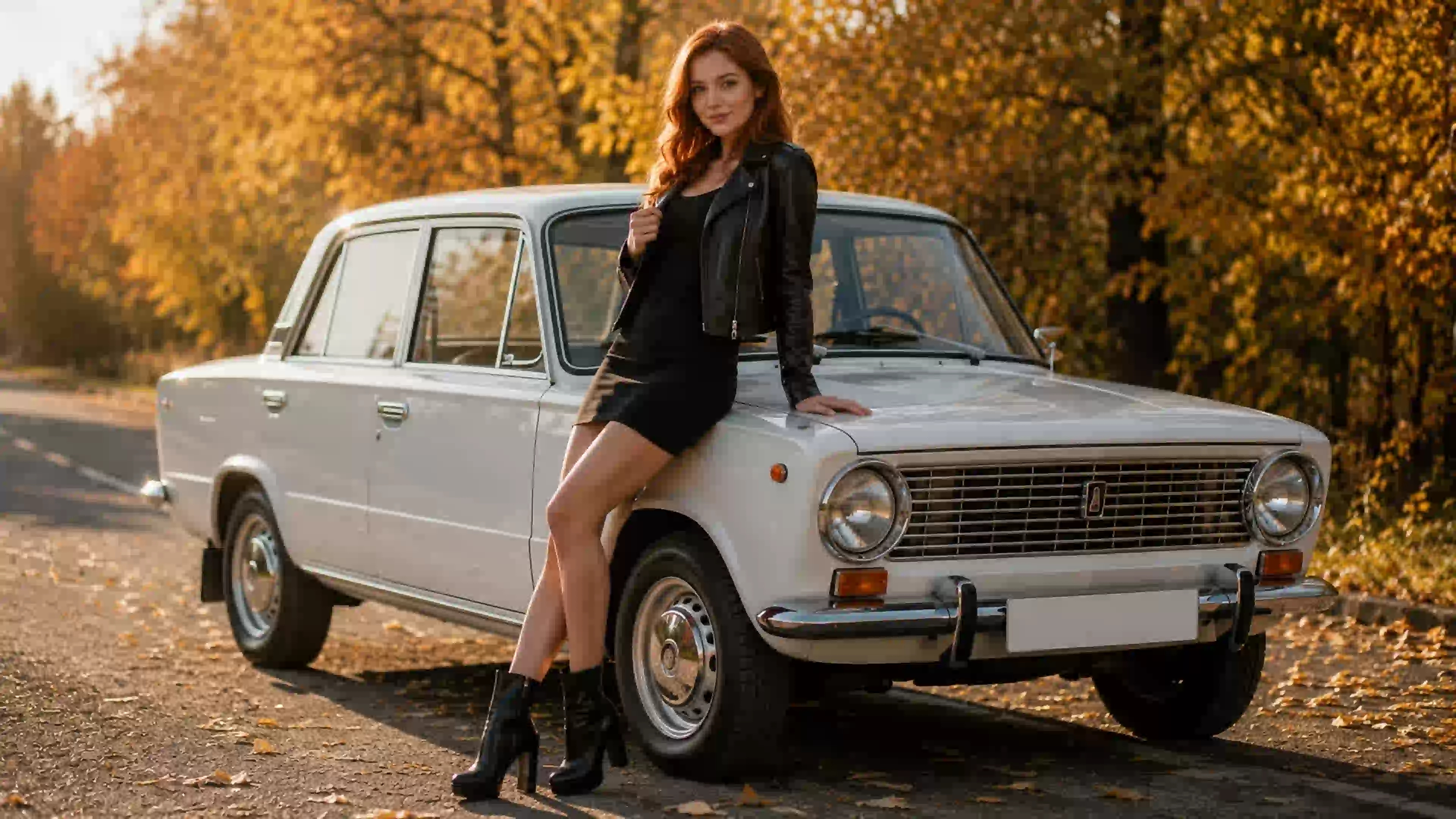 ДЕВ 00356 девушка осенний стиль у винтажного автомобиля