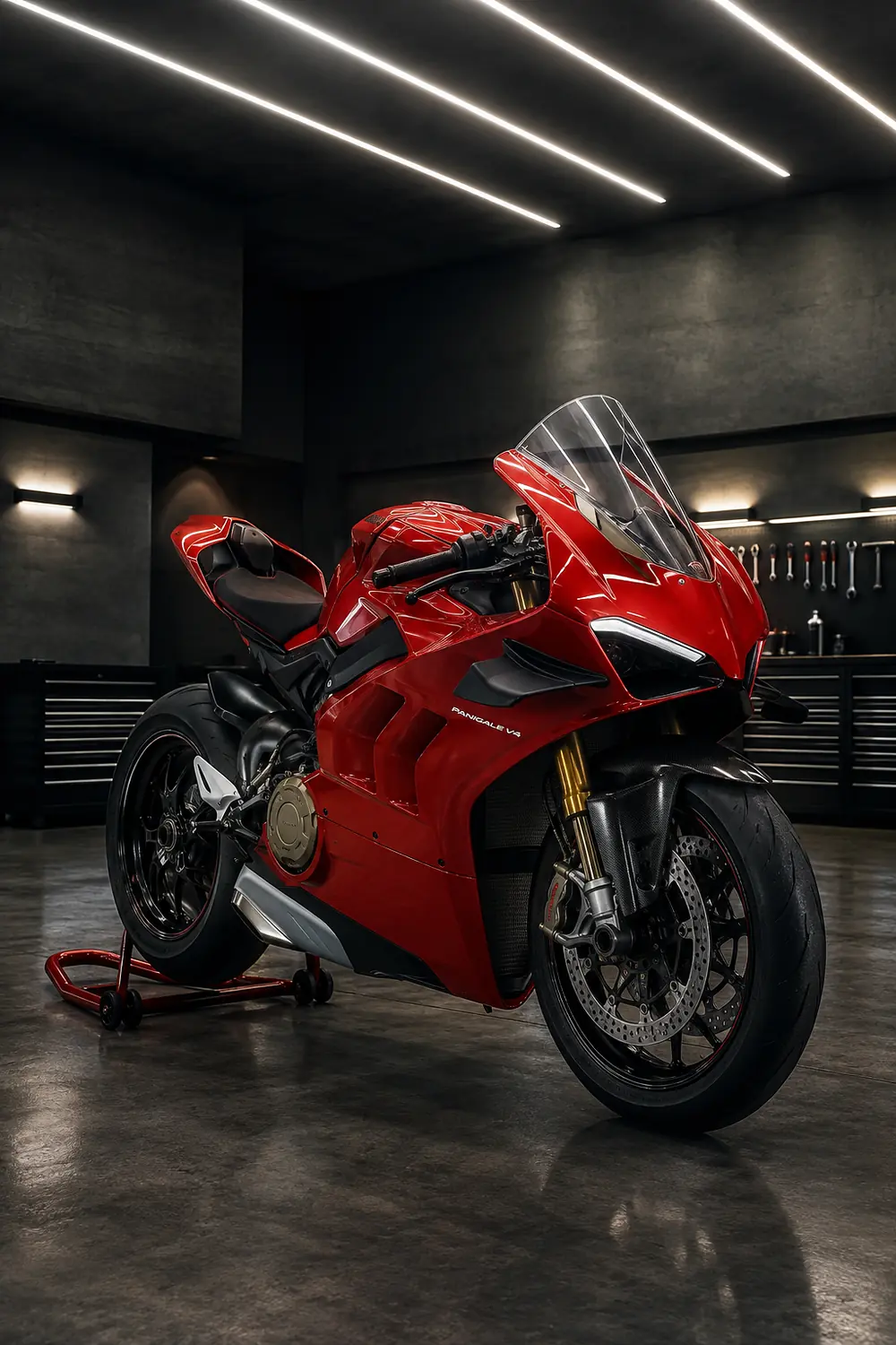 АВТО 1003739 красный Ducati Panigale V4 в вечернем клубном боксе