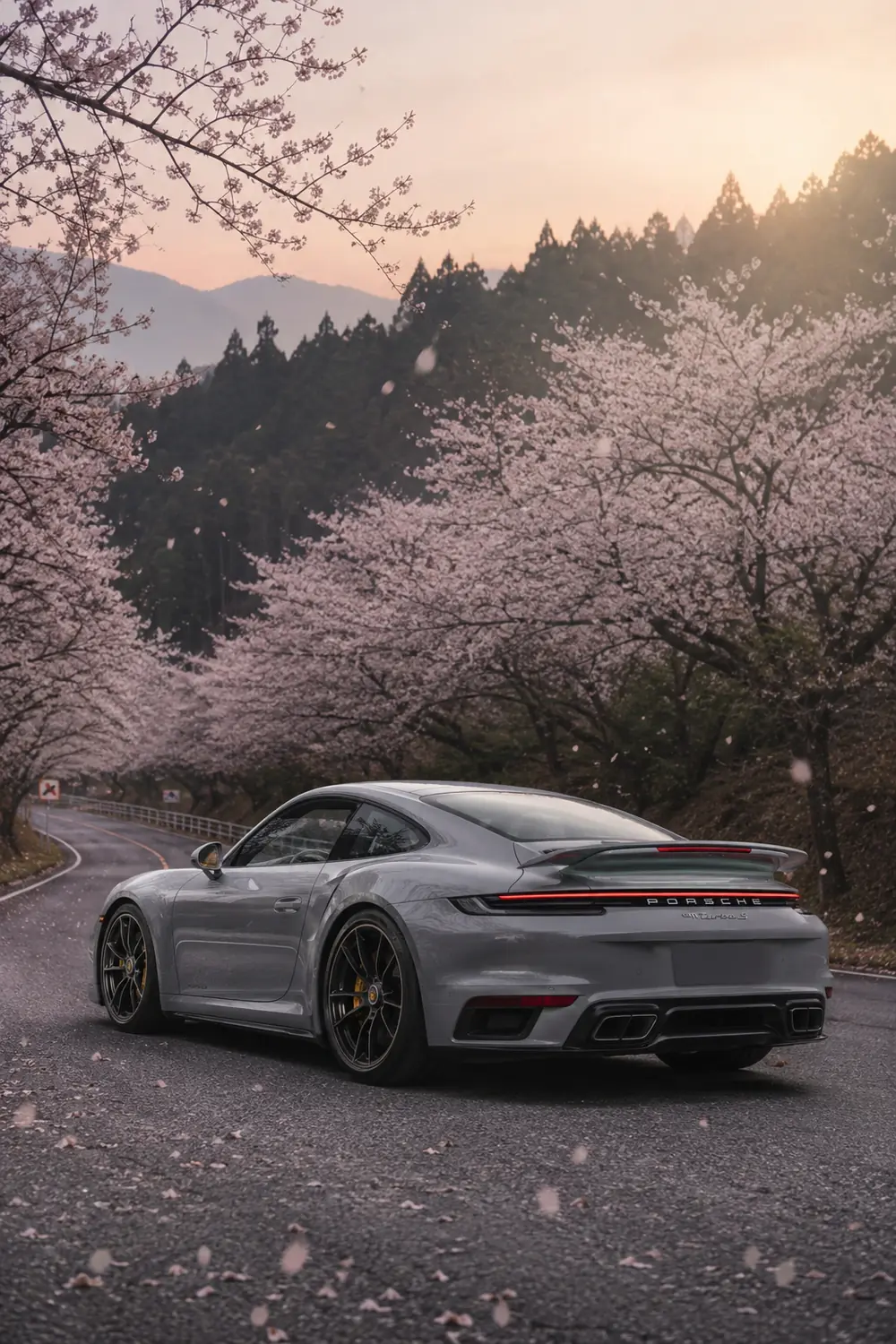 АВТО 1003753 серый Porsche 911 Turbo S среди цветущей сакуры