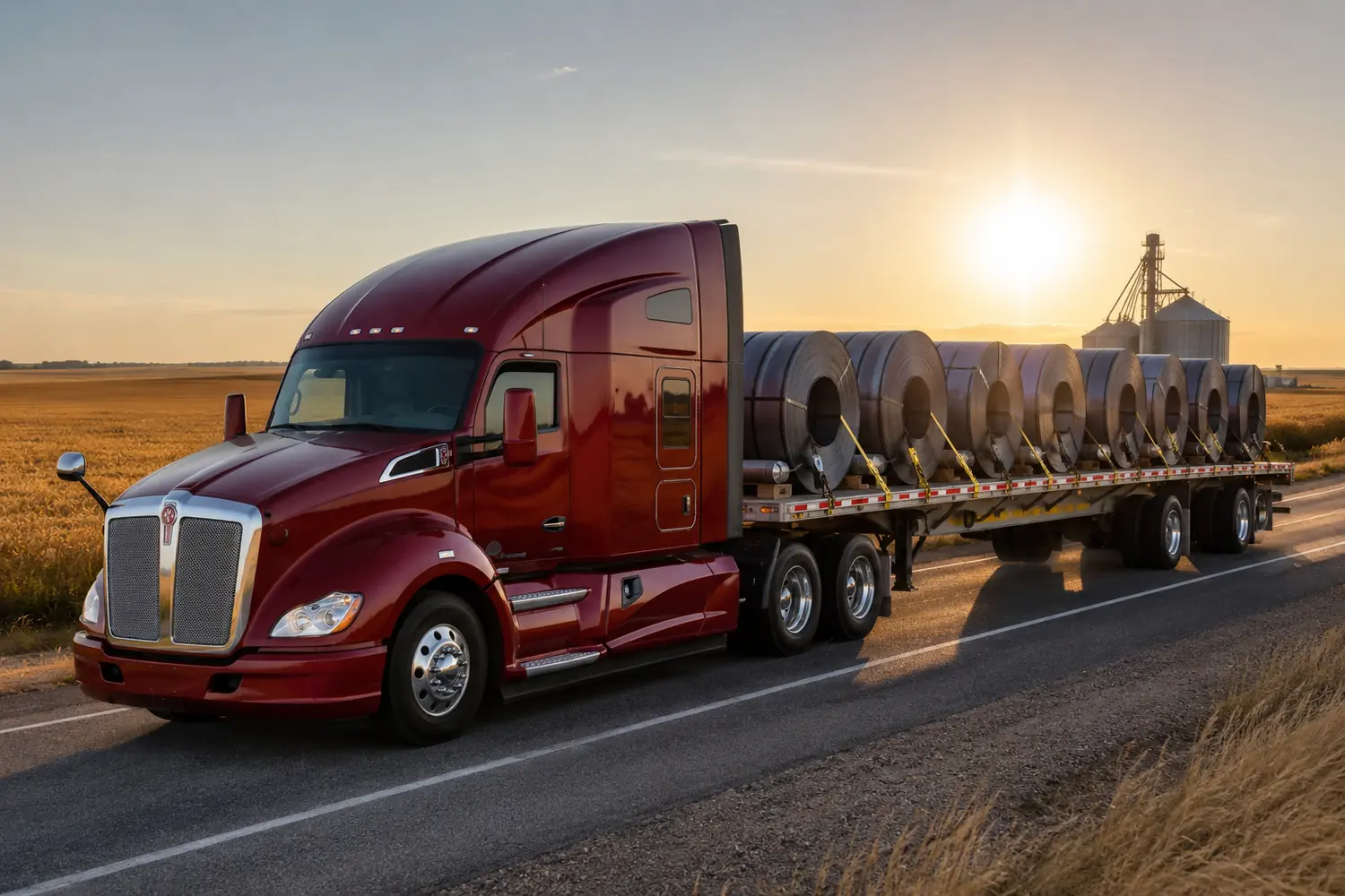 АВТО 1003786 красный Kenworth T680 с платформой на рассвете