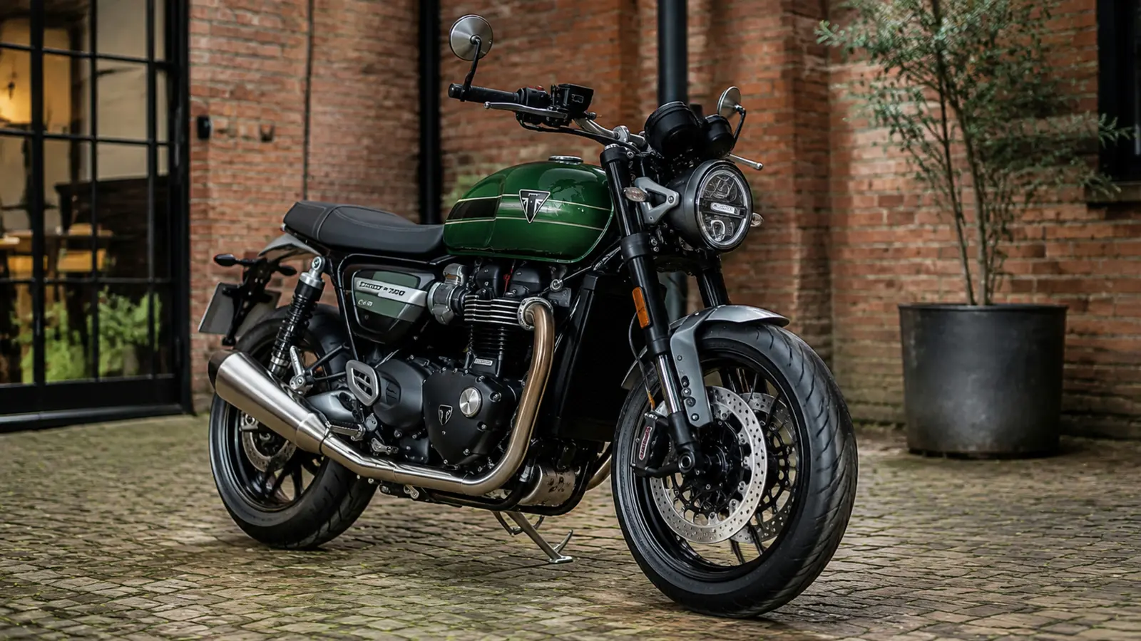 АВТО 1002919 зелёный Triumph Speed Twin 1200 крупно у кирпичного лофта