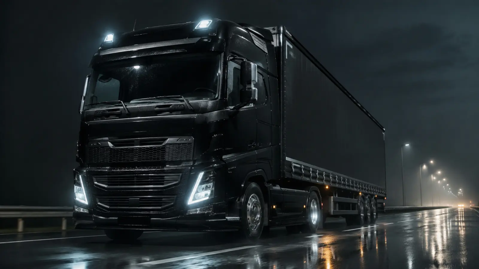 АВТО 1003006 чёрный Volvo FH16 крупно на мокрой ночной трассе