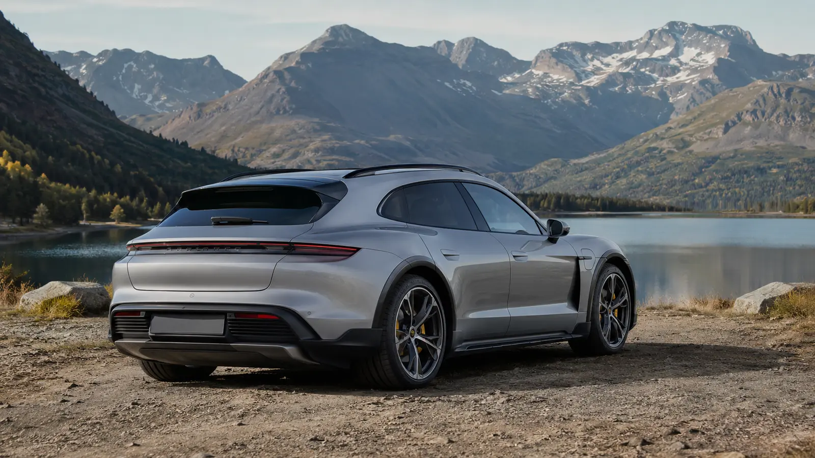 АВТО 1001112 серебристый Porsche Taycan Cross Turismo у горного озера