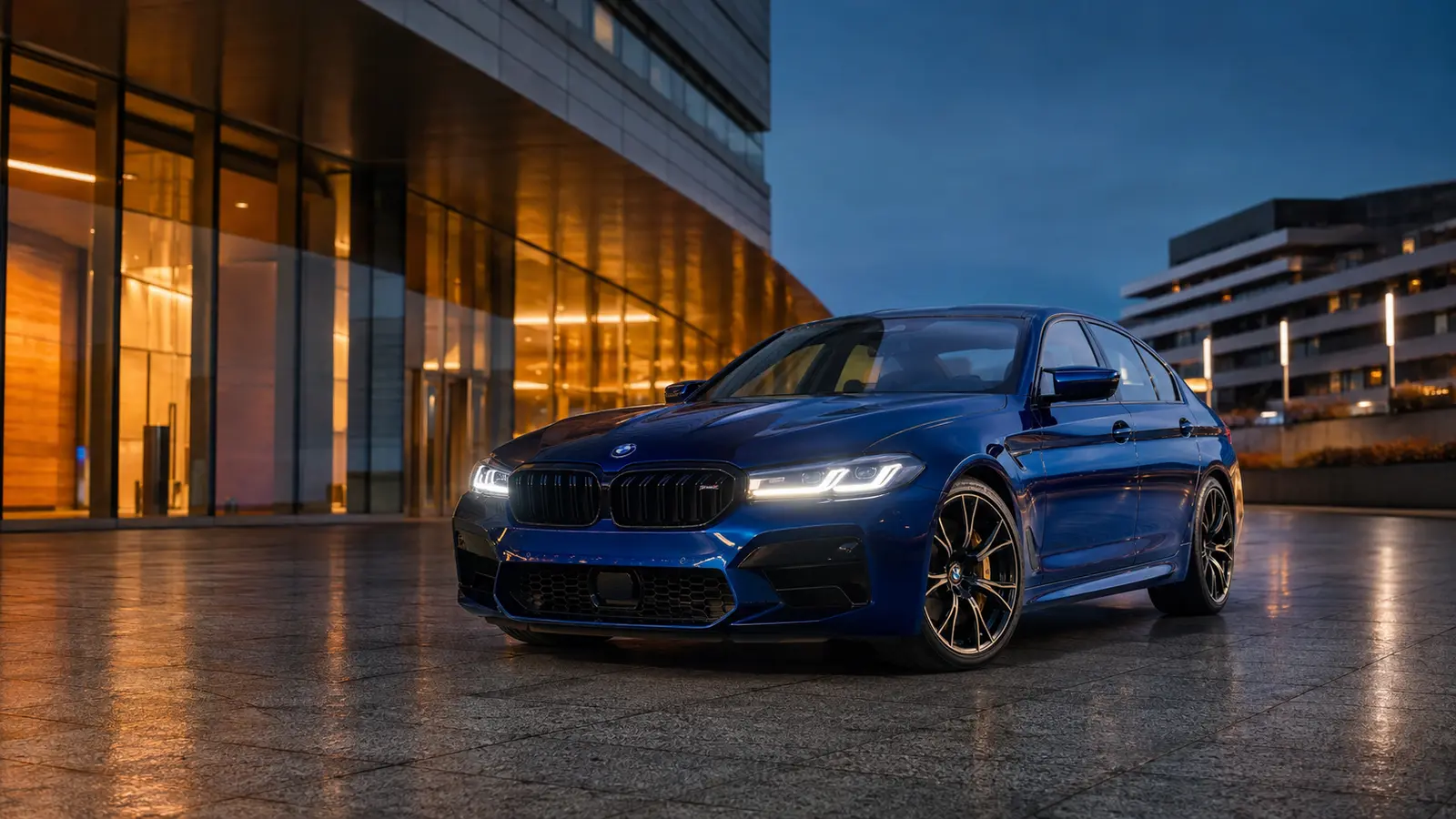 АВТО 1001751 синий BMW M5 на вечерней площади