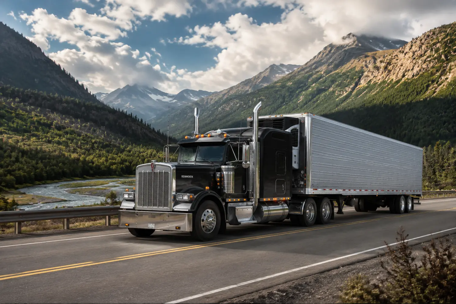 АВТО 1003836 чёрный Kenworth W900 с полуприцепом в горной долине