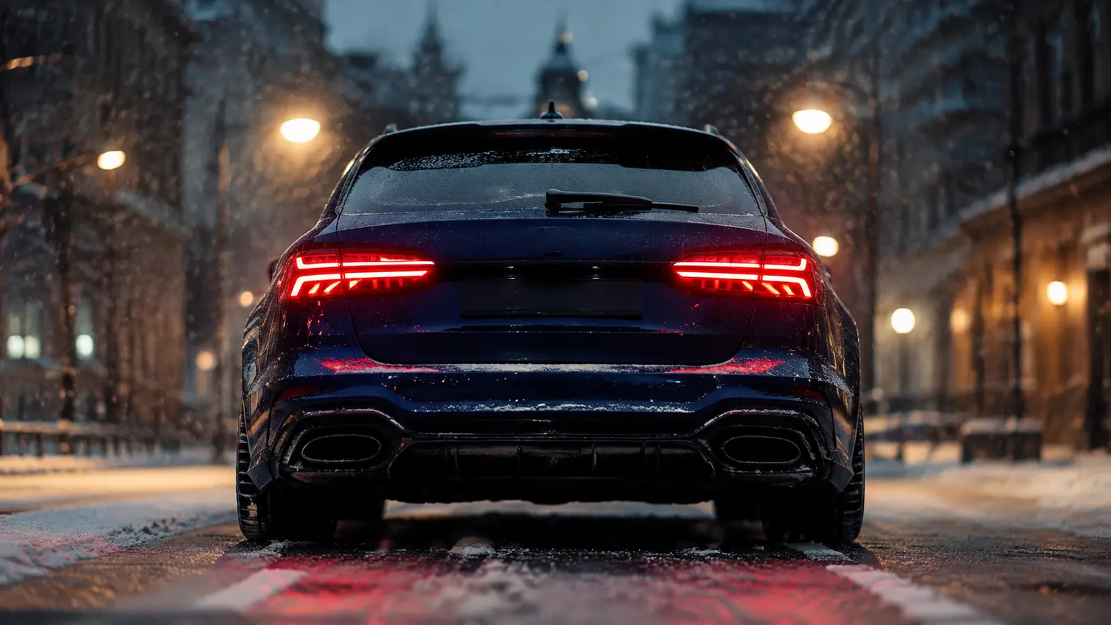 АВТО 1000686 тёмно-синий Audi RS6 строго сзади на снежной городской улице