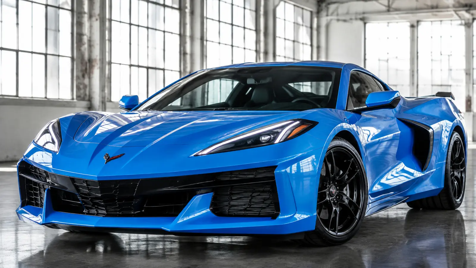 АВТО 1002965 синий Chevrolet Corvette Z06 очень крупно передний боковой ракурс в чистом индустриальном пространстве