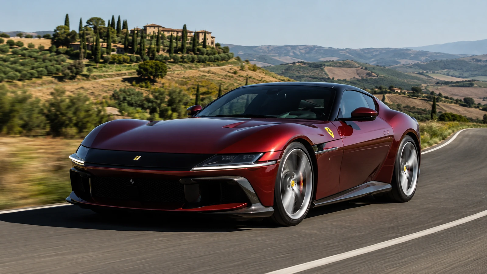 АВТО 1000760 тёмно-красная Ferrari на пустой тосканской дороге