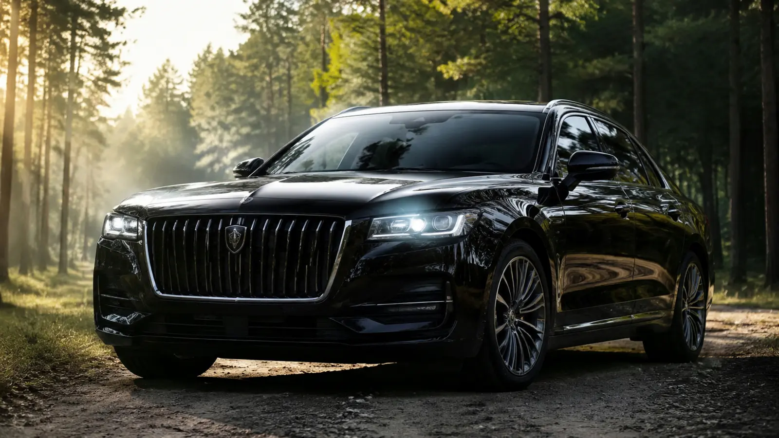 АВТО 1003085 чёрная российская машина с премиальным салоном крупный низкий ракурс на лесной дороге ранним утром