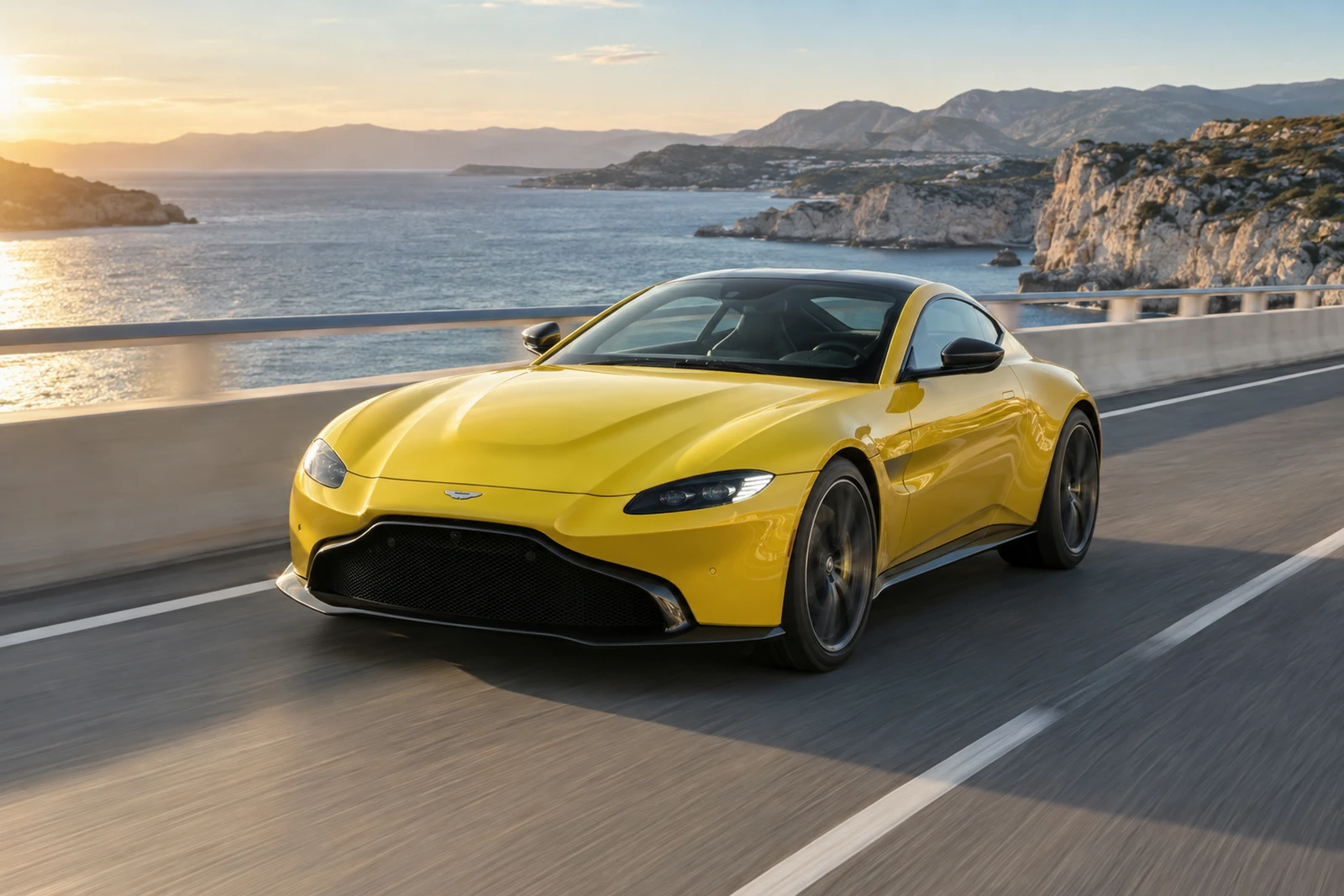 АВТО 1007680 жёлтый Aston Martin Vantage на прибрежном мосту
