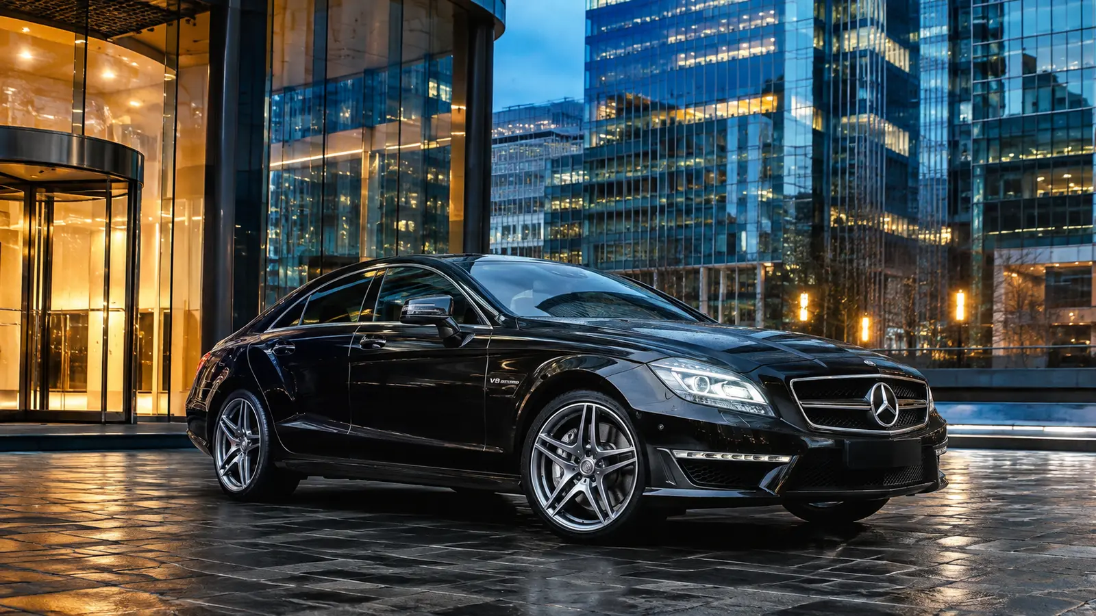 АВТО 1000446 чёрный Mercedes Benz CLS 63 AMG в деловом районе