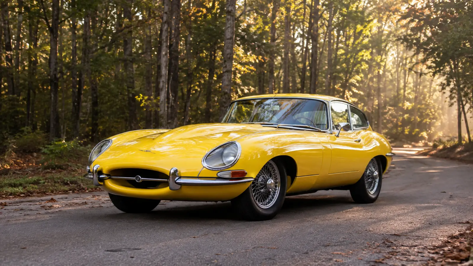 АВТО 1002754 жёлтый Jaguar E-Type крупно на лесной дороге ранним утром