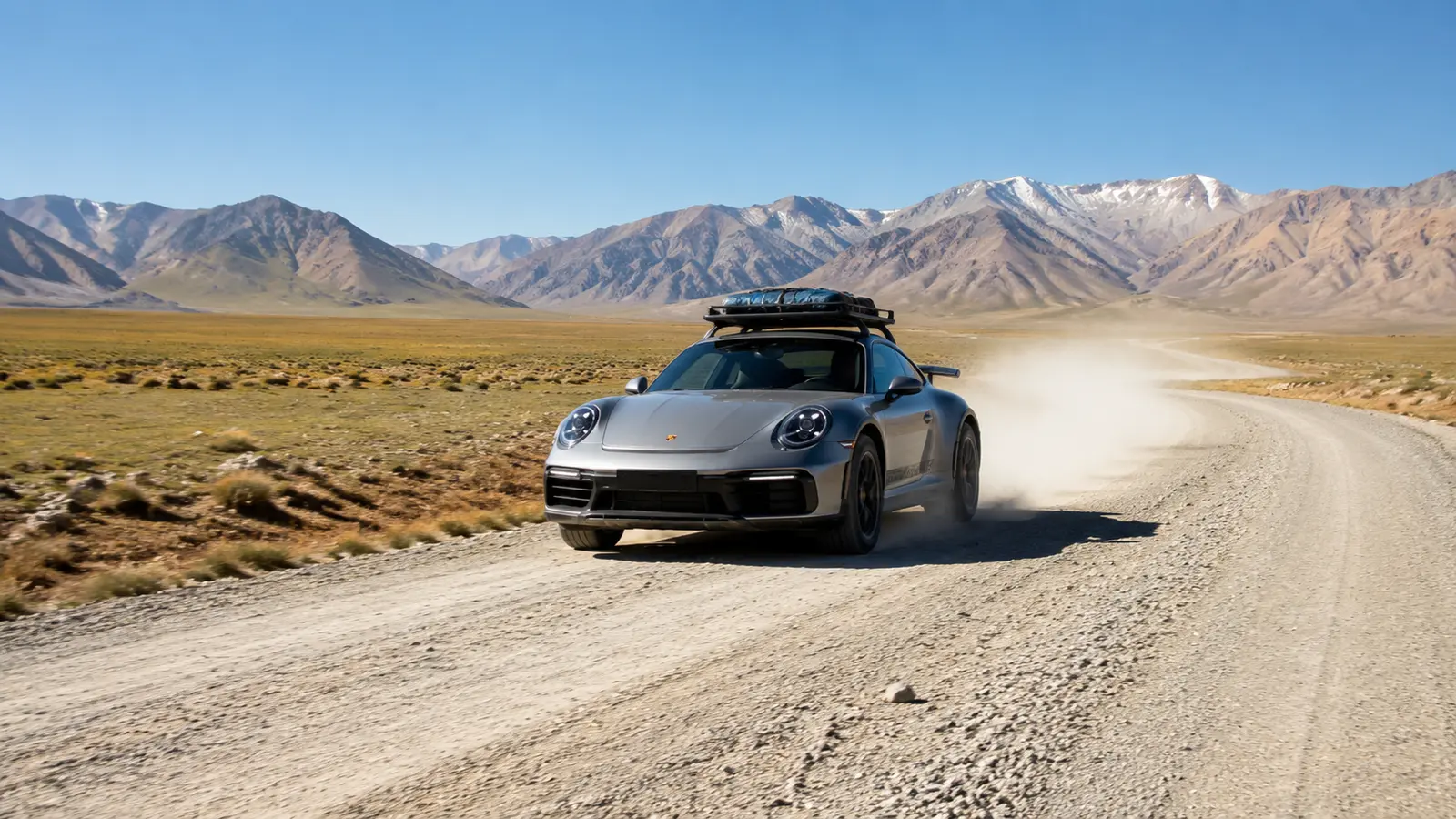 АВТО 1001526 Серебристый Porsche 911 Dakar на степной дороге