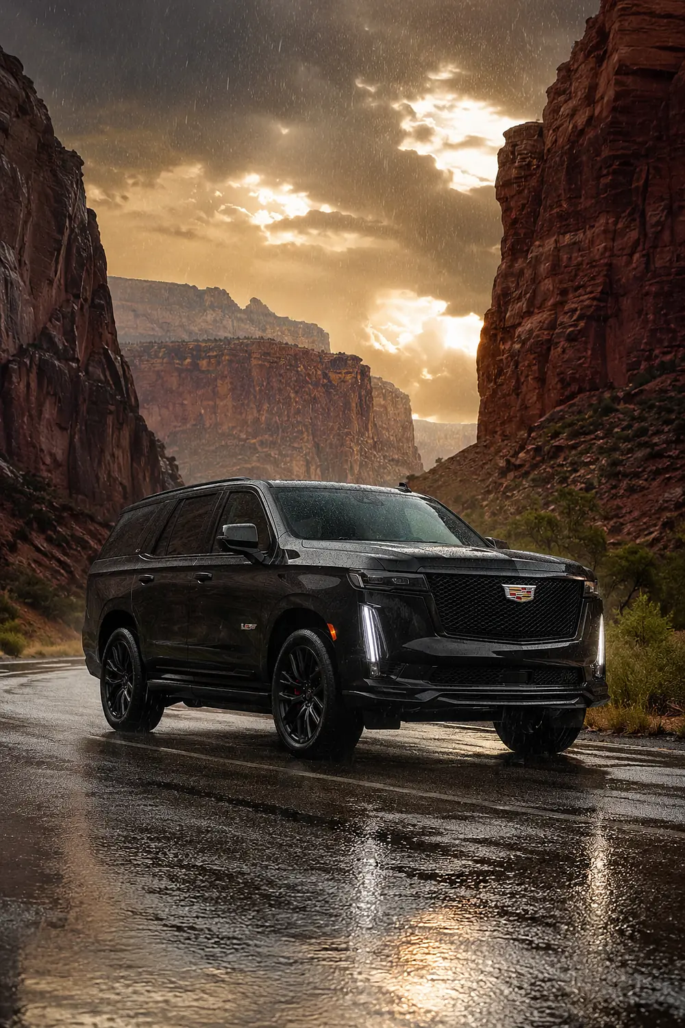 АВТО 1003480 чёрный Cadillac Escalade-V в дождливом каньоне