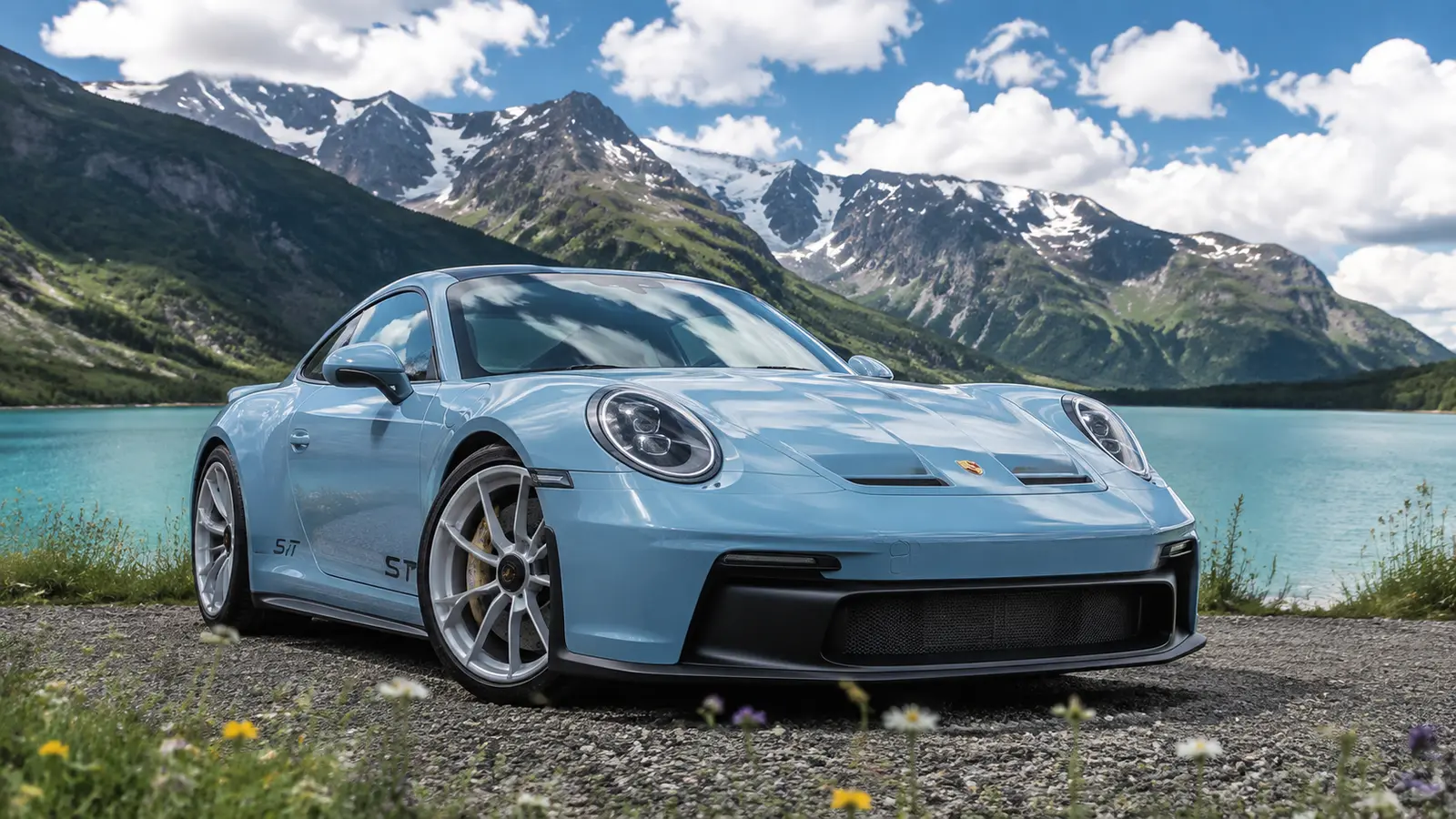 АВТО 1003912 голубой Porsche 911 ST у альпийского озера