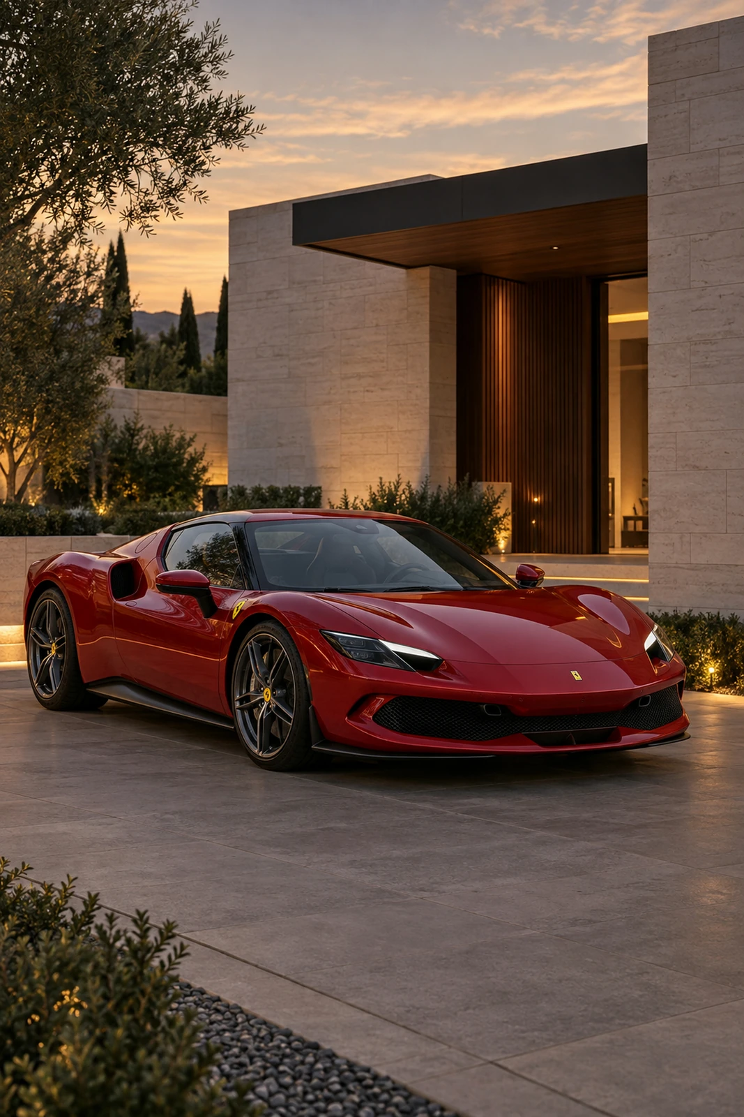 АВТО 1007553 красная Ferrari 296 GTB у современной виллы