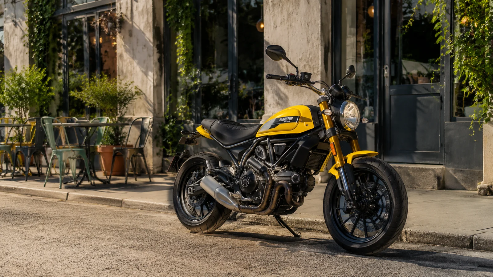 АВТО 1001219 жёлтый Ducati Scrambler у городского кафе