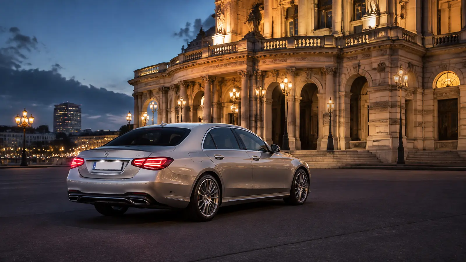 АВТО 1000664 серебристый Mercedes S-Class сзади у оперного театра