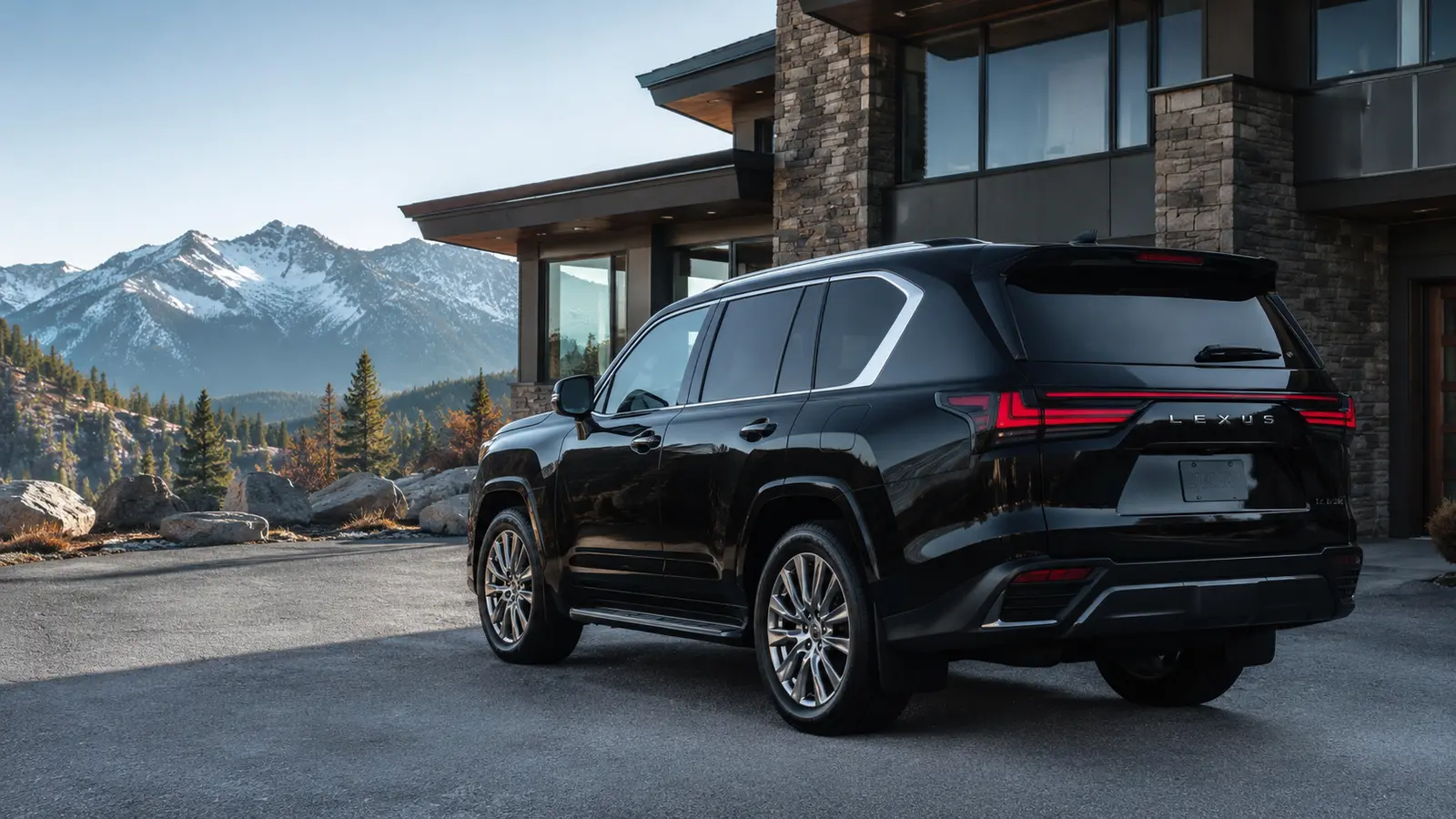 АВТО 1001463 Чёрный Lexus LX 600 у современного горного лоджа