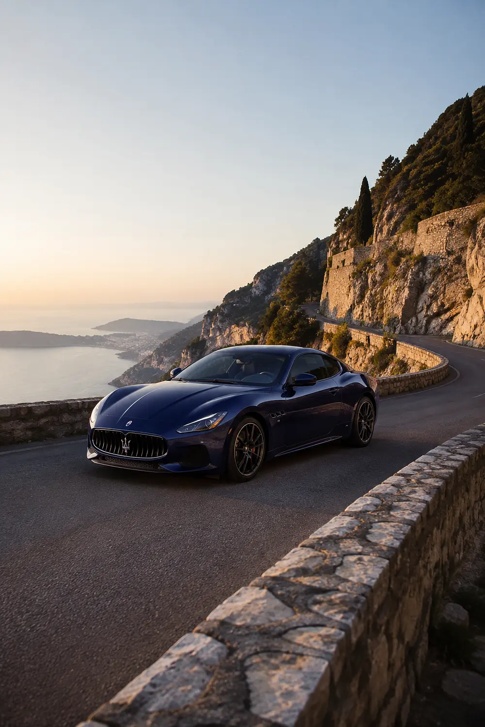 АВТО 1003599 синий Maserati GranTurismo Trofeo на средиземноморской дороге