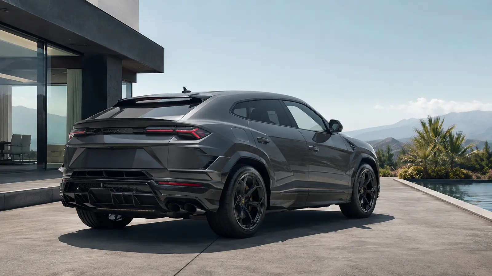 АВТО 1002239 графитовый Lamborghini Urus Performante крупно у современной виллы