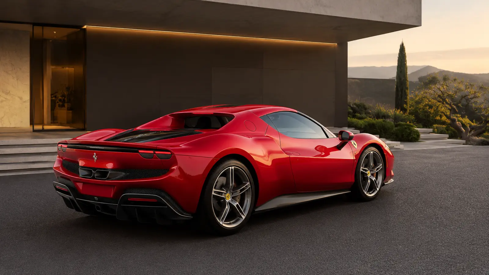 АВТО 1001015 красный Ferrari 296 GTB у современной виллы