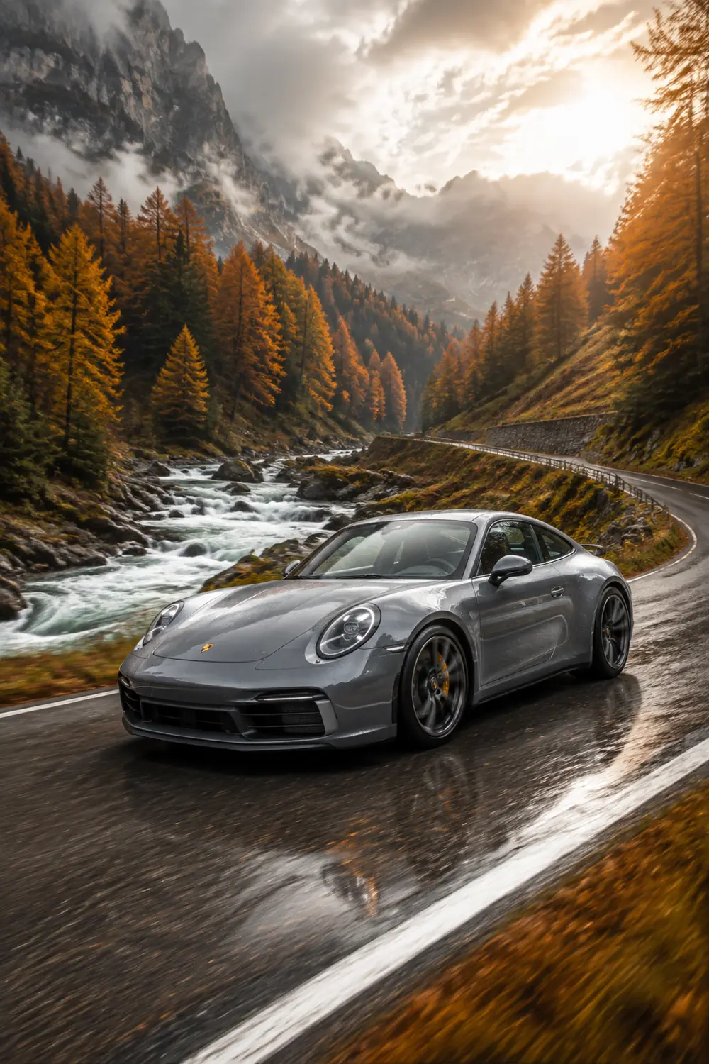 АВТО 1003853 серый Porsche 911 GT3 Touring на дороге в Доломитах