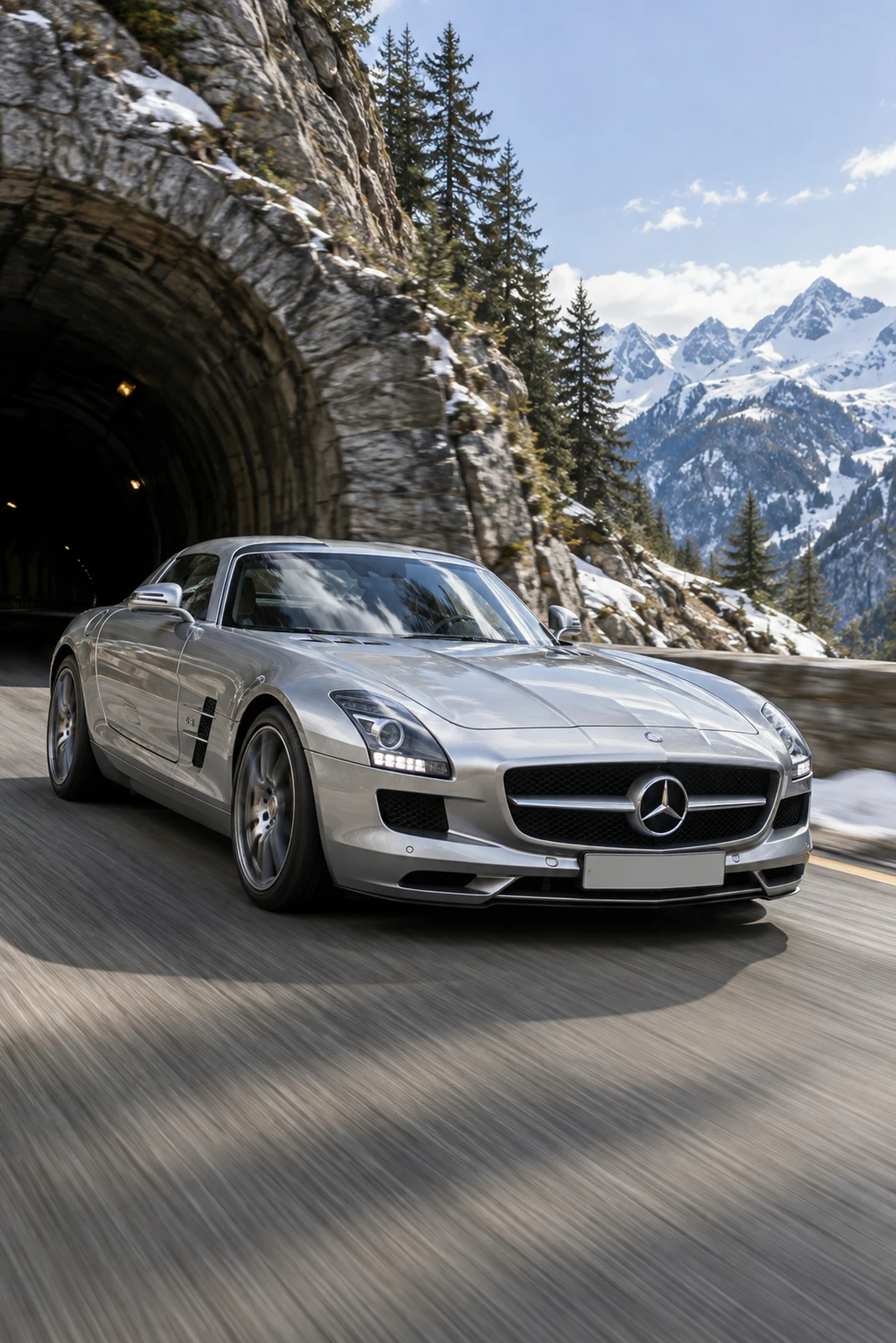 АВТО 1008585 Мерседес SLS AMG серебристый Выход из альпийского тоннеля